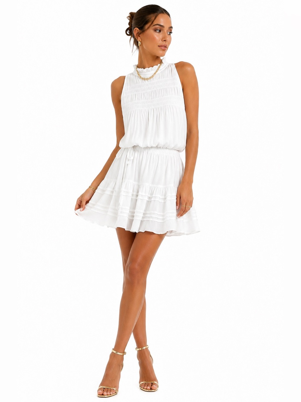NWT Ramy Brook Flynn Dress XS Ivory Smocked Ruffle Tiered $375